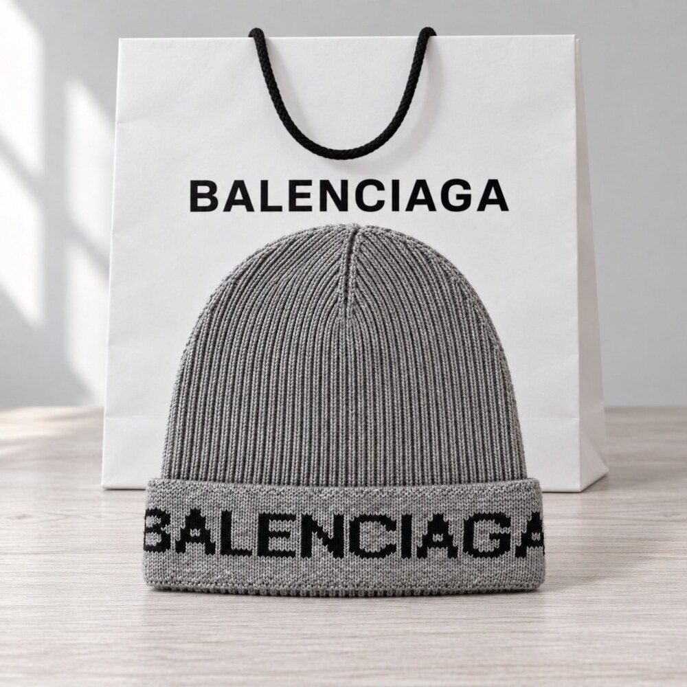 Balenciaga Grey Ribbed Knit Beanie